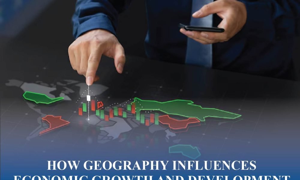 Illustration showing how geography, climate, and resources influence trade, productivity, and national growth