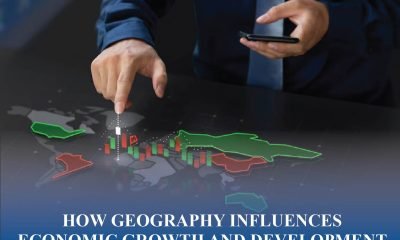 Illustration showing how geography, climate, and resources influence trade, productivity, and national growth
