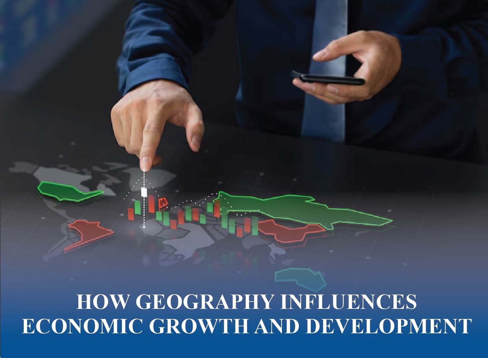Illustration showing how geography, climate, and resources influence trade, productivity, and national growth