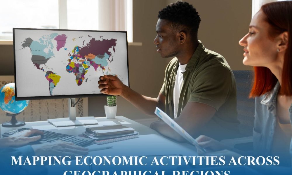 Map of global economic activities across regions showing trade, industry, and resource distribution