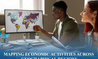 Map of global economic activities across regions showing trade, industry, and resource distribution