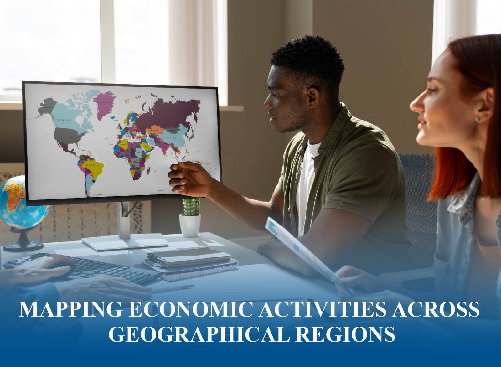 Map of global economic activities across regions showing trade, industry, and resource distribution