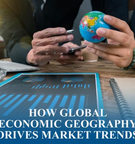 Global trade map with ports, cities, and resources showing how economic geography drives market trends worldwide